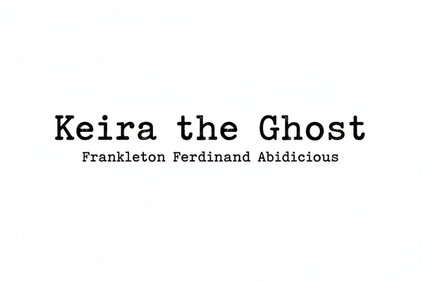 Write in broken Typewriter Font "Keira the Ghost" with subscript "Frankleton Ferdinand Abidicious"